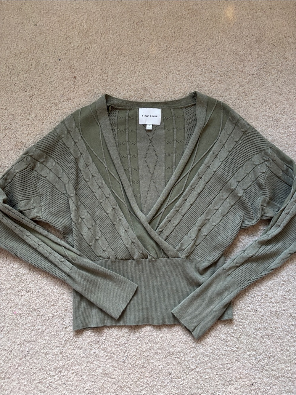Pink Rose Olive V-Neck Wrap style Cable Knit Sweater